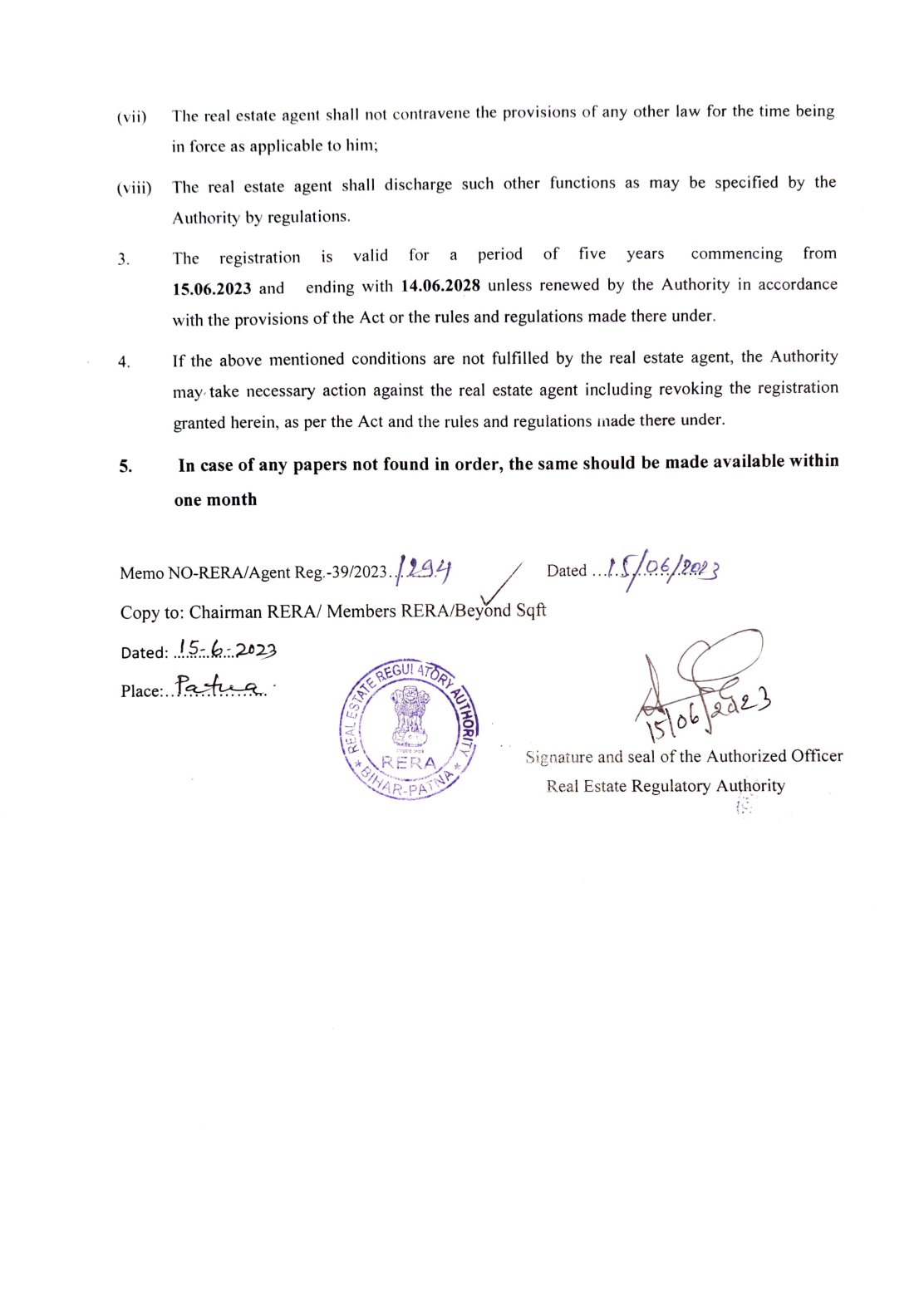 RERA Bihar registration certificate for Beyond Sqft, page 2